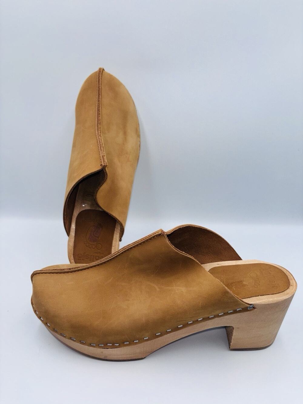 NEW Vollsjo Swedish Clogs Wooden High Heel US 9.5 EU 41 Brown Genuine Leather